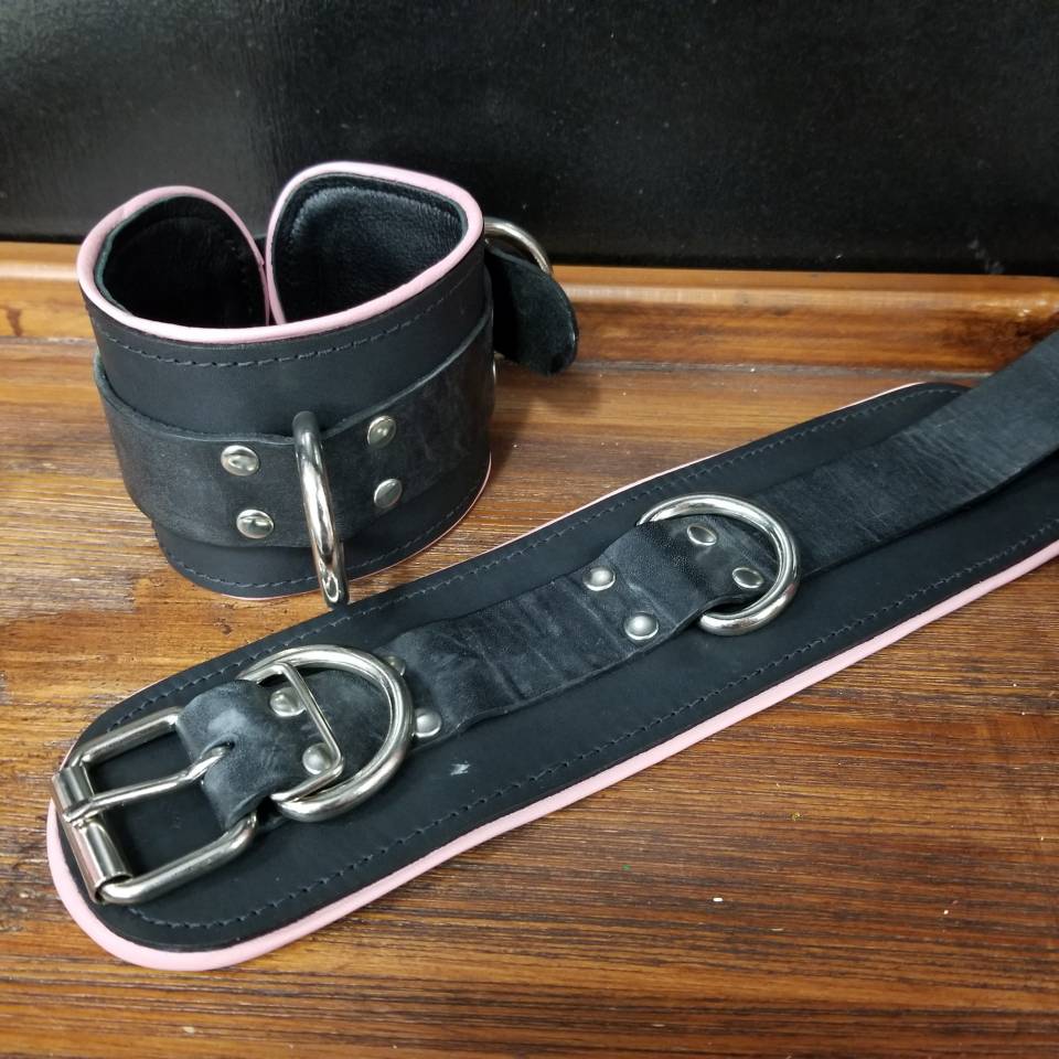 Black Leather Ankle Restraints with Piping